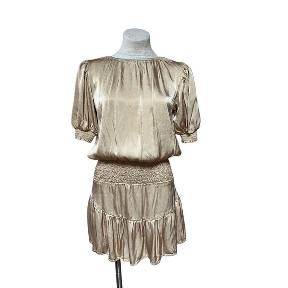 Muche Muchette Champagne Satin Mini Dress Puff Sleeve Ruffles One Size - Picture 2 of 9